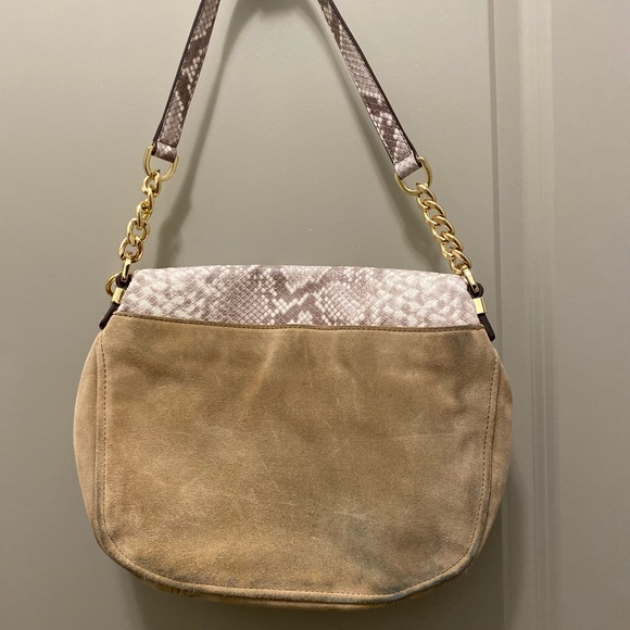 Michael Kors Tan Suede Snakeskin Crossbody Purse Designer Bag Fringe Side Detail - Picture 2 of 2